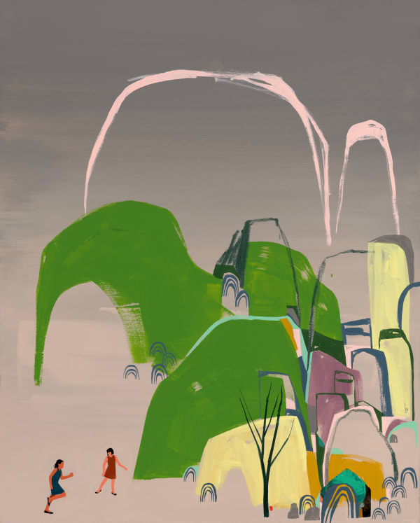 Seonna Hong "Like Minded" - abstract landscape with small figures and trees in foreground