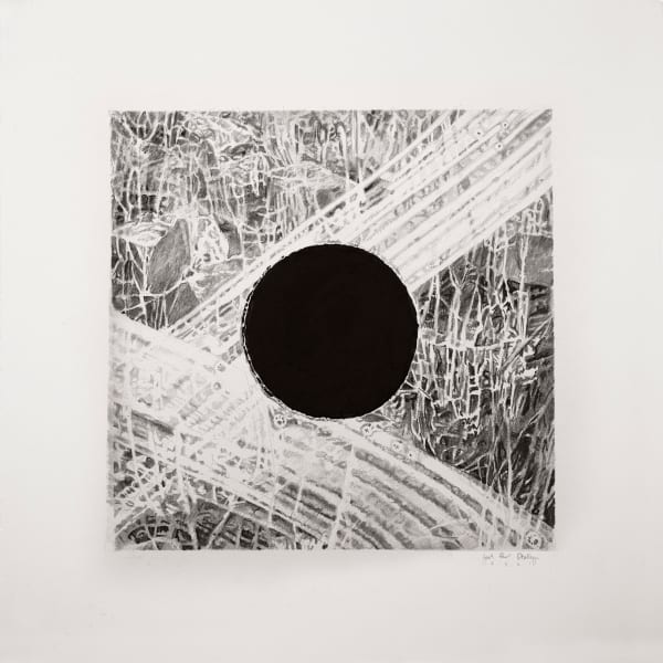 Joel Daniel Phillips graphite drawing - dark black puncture hole in center with scribbly detail around possibly grass