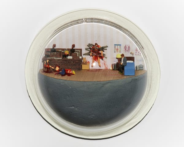 Abigail Goldman's sculpture of a murder scene taking place in a bedroom with someone taped to the wall