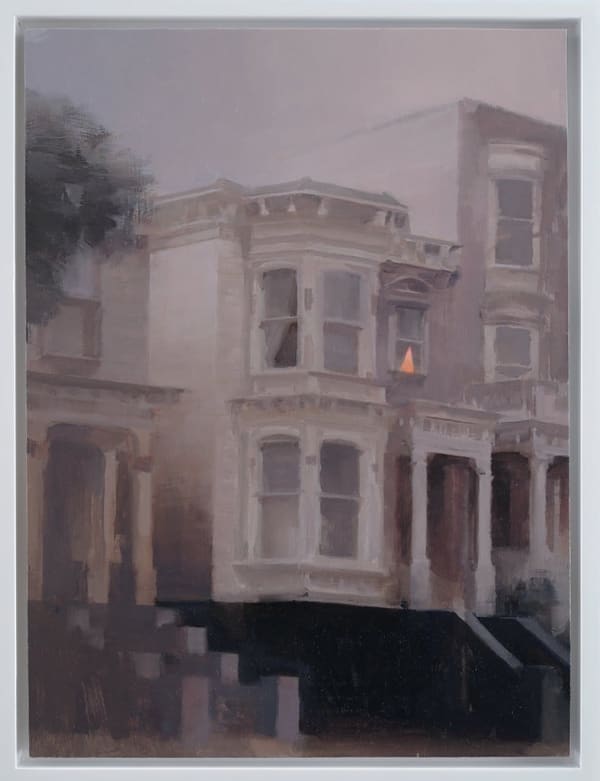 Kim Cogan - Painting of. a white building from street view with purple tone fog in daytime, a warm arange lamb stood in one window of the building