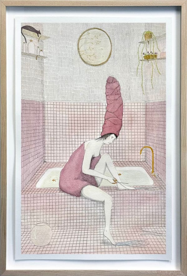 Painting of a woman in a towel sitting on the edge of a bathtub while clipping her unusually long toe nails