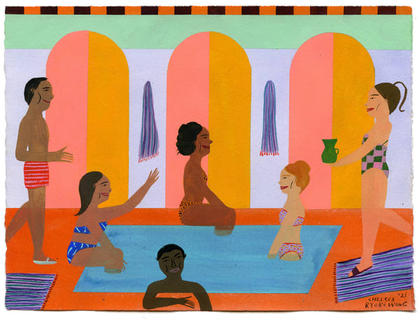 Chelsea Wong painting of bathers in bath house