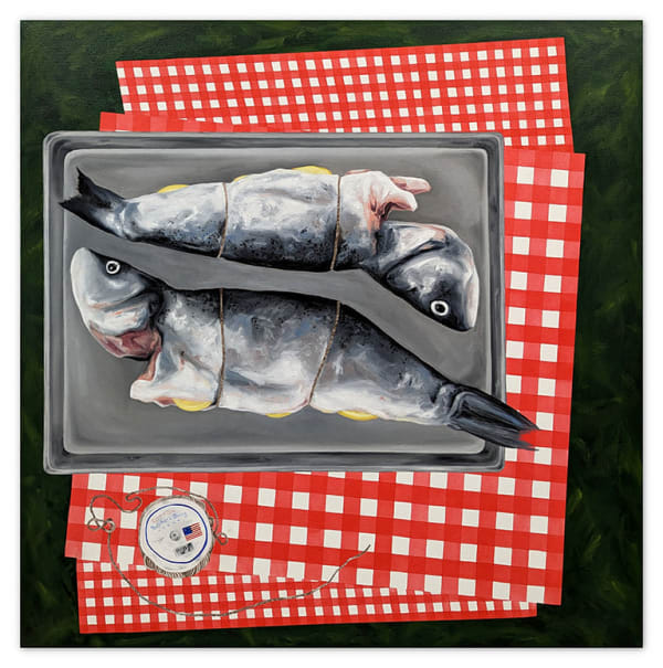 Painting of two whole fishes on a baking sheet that are sliced open on a red and white checkered clothe.