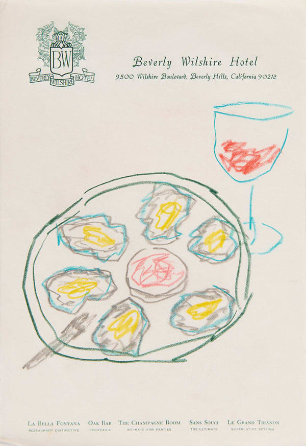 Drawing of a plate of oysters and a glass of red wine on hotel stationery
