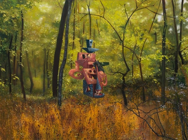Painting of a forest with lush green trees and amber grass. Floating above the grass is an abstract pink and blue figure.