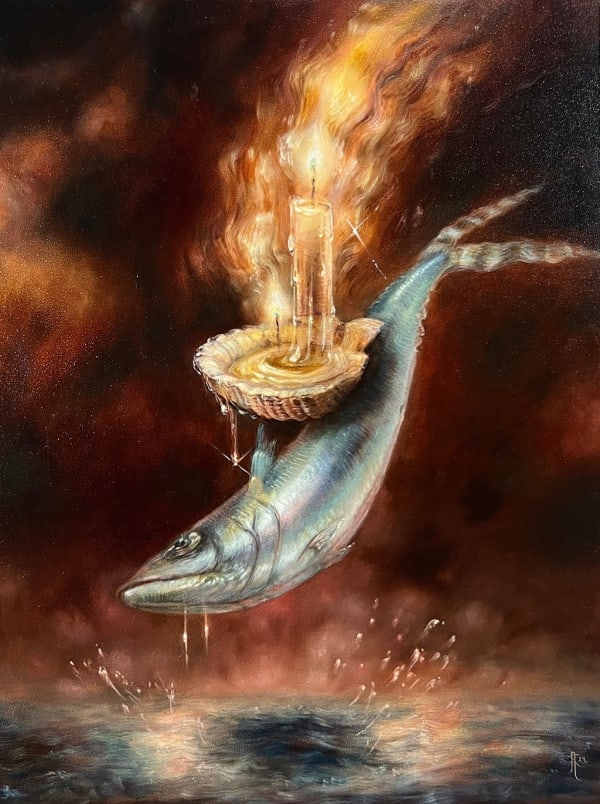 Painting of a fish jumping out of the water with a candle in a shell on this back.