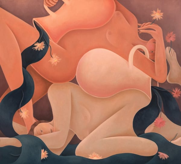 Laura Berger's painting of women and vessels with water flowing out of them