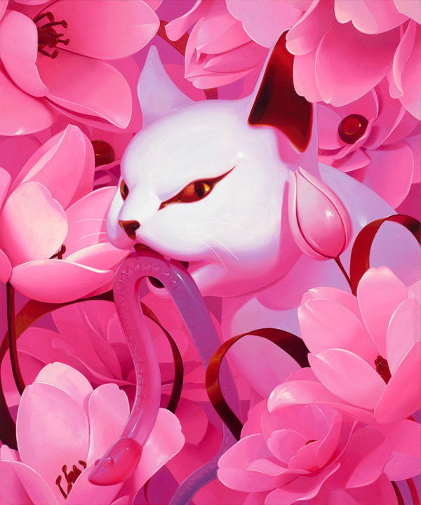 painting of a white cat surrounded by lush pink flowers, holding a pink worm in its mouth by Megan Ellen MacDonald