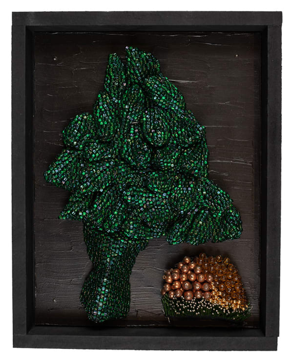 Pine cone and pine tree made out of beads in a wood frame