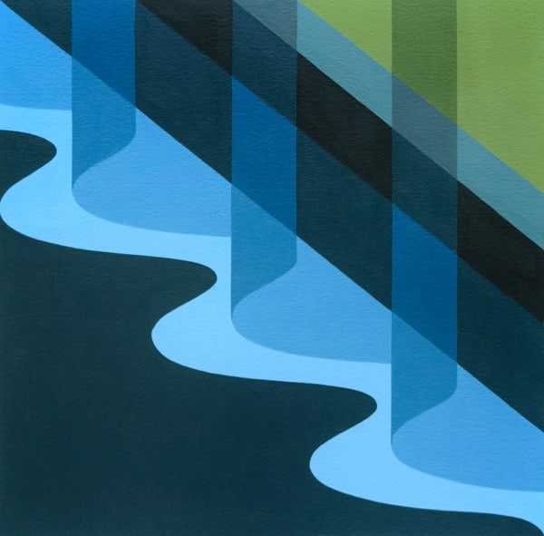 Adrian Wong painting of blue sheer curtains looking out to green lawn, cool tones and abstracted shapes