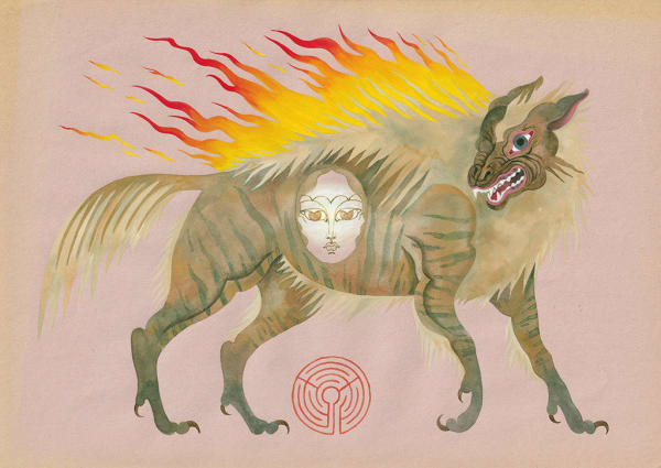 Watercolor image of a hyena looking creature with flames on its back and a woman's face on its stomach