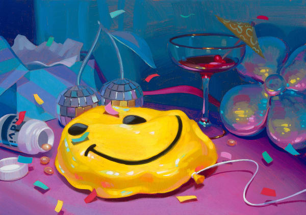 painting of a deflated smiley face baloon surrounded by confetti, balloons, wine glass, and advil bottle
