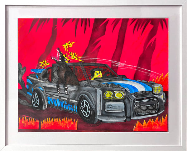 framed David Heo painted collage of a race car with a dog hanging out the passenger window on a red background