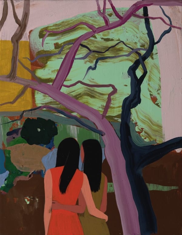 Painting of two woman with their arms on each others backs in a colorful forest backs