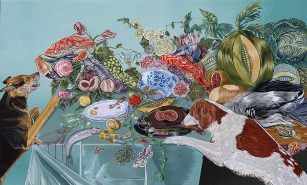 Sabrina Bockler painting of feast on table, flowers, fruit, lobsters, etc - two dogs eating the food