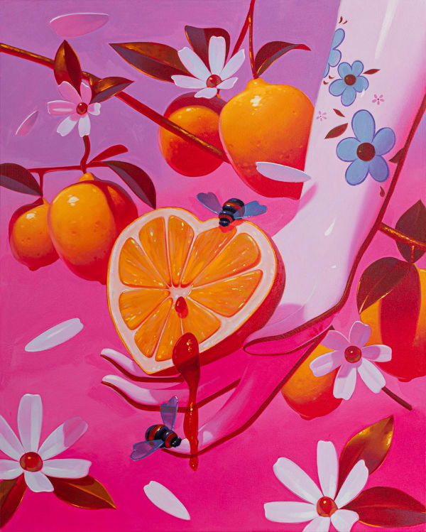 Megan Ellen MacDonald "Eat Your Heart Out" painting arm holding orange slice in the shape of heart