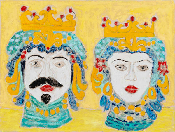 two brightly colored sculpture busts over a yellow background