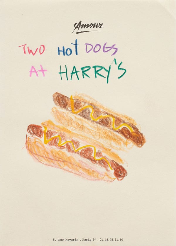 Drawing of two hot dogs with mustard and the words Two Hot Dogs At Harry's above it on hotel stationery