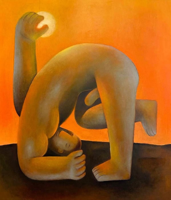 Carlos Rodriguez - painting of a nude man bowing. he has one leg on the floor and the other bended; one arms supporting his weight on the floor and the other lifted high holding the sun. The background is in bright orange.