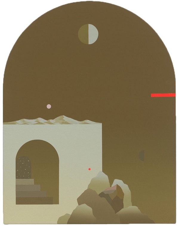 Madeleine Tonzi - Painting of layering landscape on a arch form canvas. From front to back, large rocks mountain, square highland with arch cave and stairs, mountains and a orb, another larger orb represent either sun or moon on the center top of the canvas.