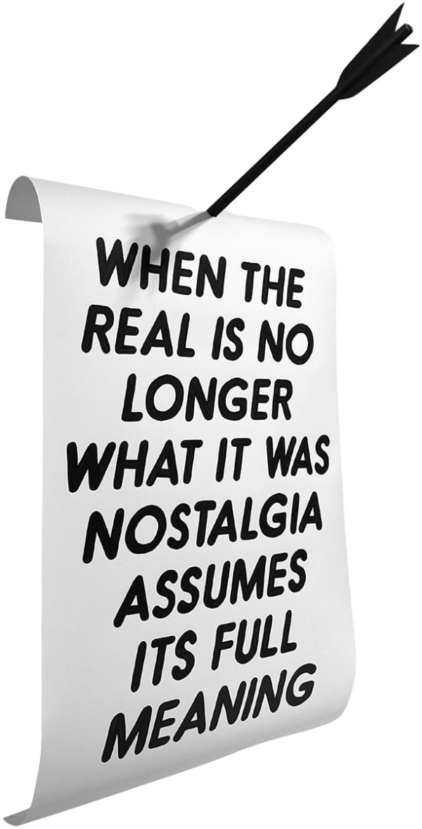 white scroll with all uppercase black text and an arrow going through the paper at the top