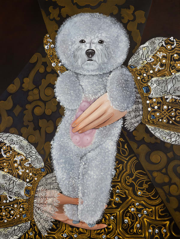 Oil painting portrait of a small fluffy white dog in the arms of an elaborately dressed woman by Sabrina Bockler