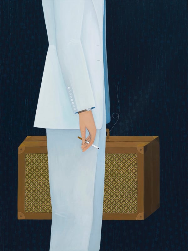 Painting of the bottom half of a man wearing a powder blue suit holding a cigarette and holding a suitcase in the other hand