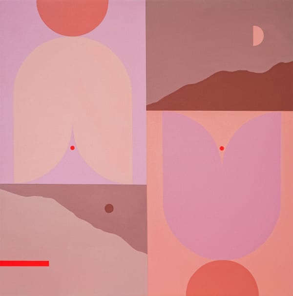 painting divided into four sections of abstract shapes representing a desert ladnscape