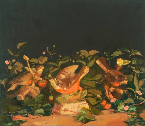 painting of three robins on the forest floor