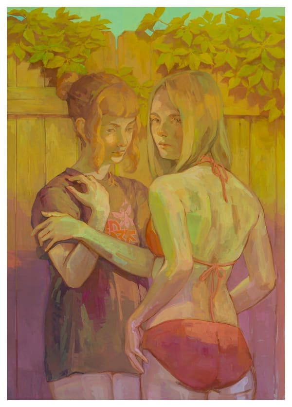 Painting of two women standing close to each other, one with their back facing towards the viewer looking over their shoulder in a red bathing suit. The other is facing and looking at the other woman in an oversized t-shirt with her hair in a bun. In the background is a wood fence with plants growing on top.