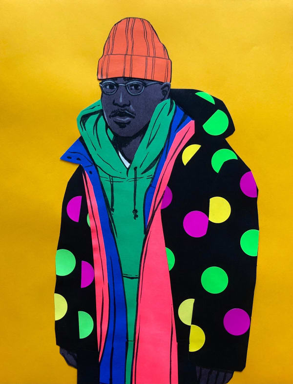 Dennis Brown's piece on paper of a male figure wearing a polkadot jacket