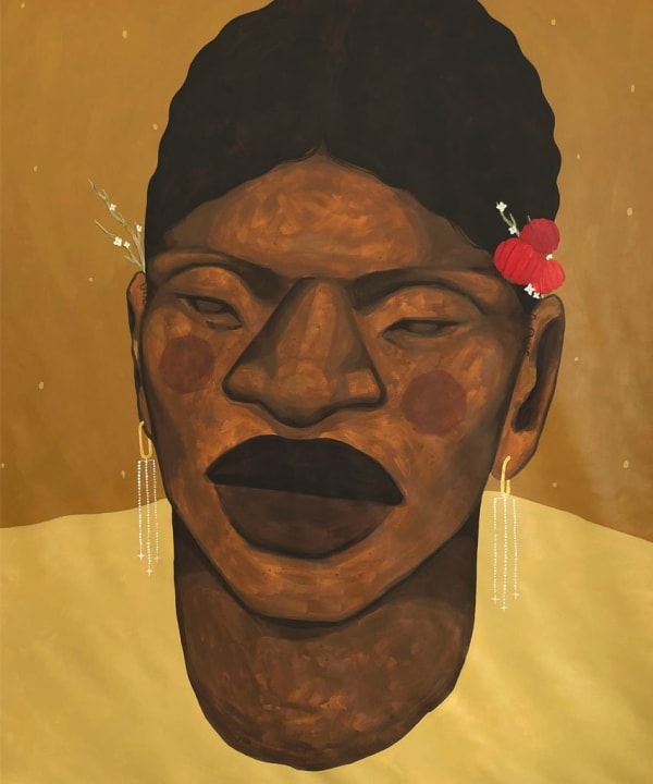 Portrait of a black woman with flowers in her hair.