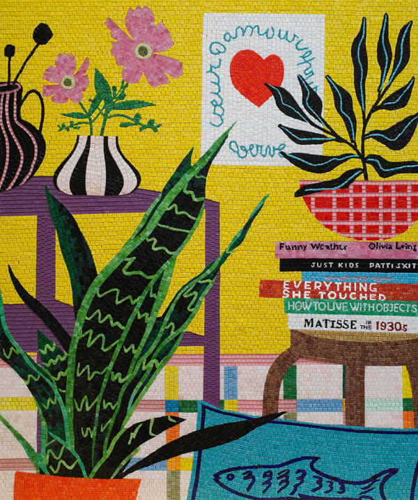 Mosaic still life of an interior with yellow walls, a purple shelf with striped vases with flowers, a stack of books on a stool with a potted plant on top and checkered rug.