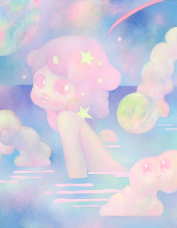 So Youn Lee portrait of Mango - genderless childlike figure sitting in water, fluffy clouds overhead. Shades of pinks, blues and purples