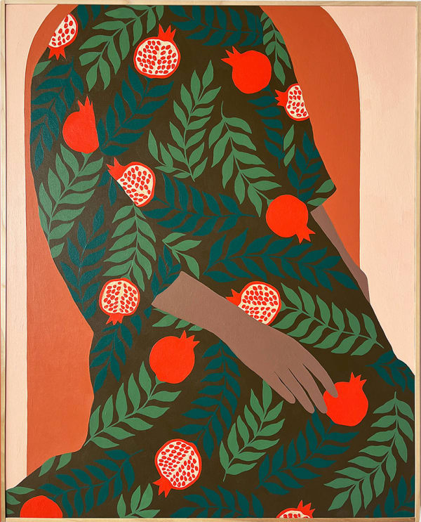 Painting of a persons lower body in a dark brown tunic with a pomegranate pattern on a terracotta background