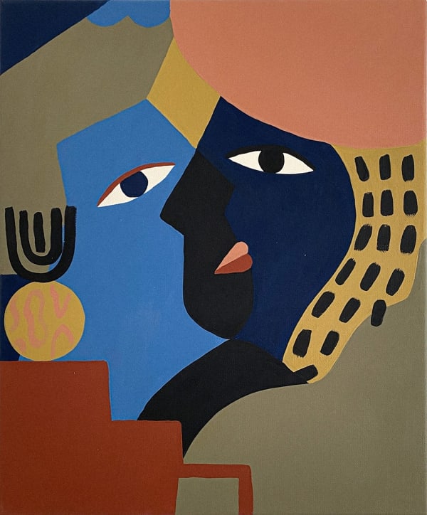two side profile faces intersecting each other, one light blue and the other dark blue