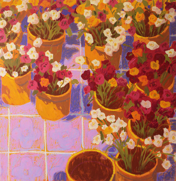 painting of multiple flower pots filled with white and pink flowers by Nicholas Bono Kennedy