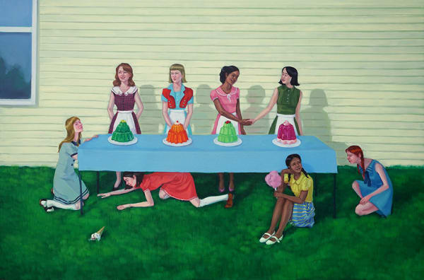 Zoe Hawk "The Dainty Dessert" oil painting on panel featuring women surrounding a table with dessert