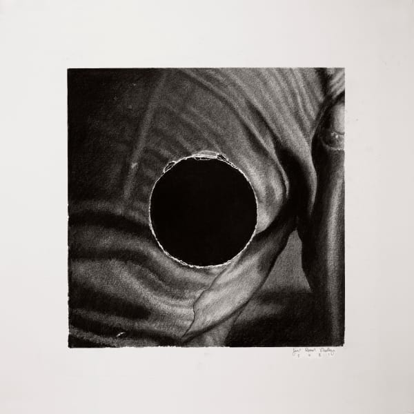Joel Daniel Phillips graphite drawing - dark black puncture hole in center with fabric detail around