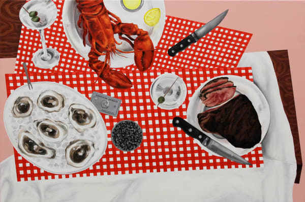 Katie Butler "Steaks and Tax Breaks" painting of red checkered tablecloth set with steaks, lobsters and oysters