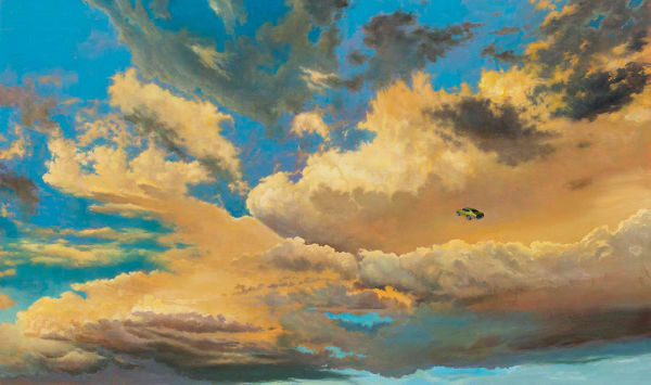 Painting of a tiny car flying through a cloudy sky