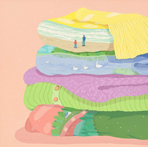 Danym Kwon - painting of stacked clothes. the clothes are either in pastel colors or painted with sceneries, such as the two people by the beach, and the swans in lake. The backgrounds is painted in pastel red.