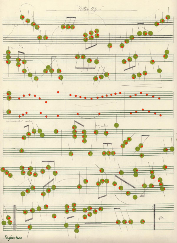 A sheet of music with olives as music notes.