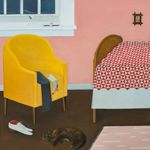painting of a pink bedroom with a yellow chair, bed, and pink rug. On the floor is a dark brown cat, and a pair of white oxford lace up shoes by Angela Burson