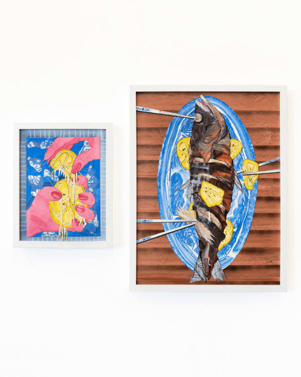 Diptych painting of pink hands holding a lemon and squeezing out the juice on one side and a whole fish on a blue plate covered in chopsticks and lemons on the other.