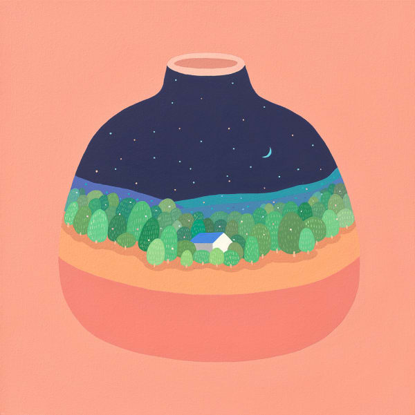 nigh time scene of a house in the forest contained in a vase over a pink background