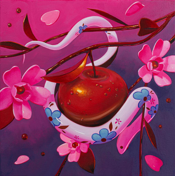 Megan Ellen MacDonald "Temptation" oil painting of apple surrounded by white ceramic snake and pink flowers on pink and blue gradient background