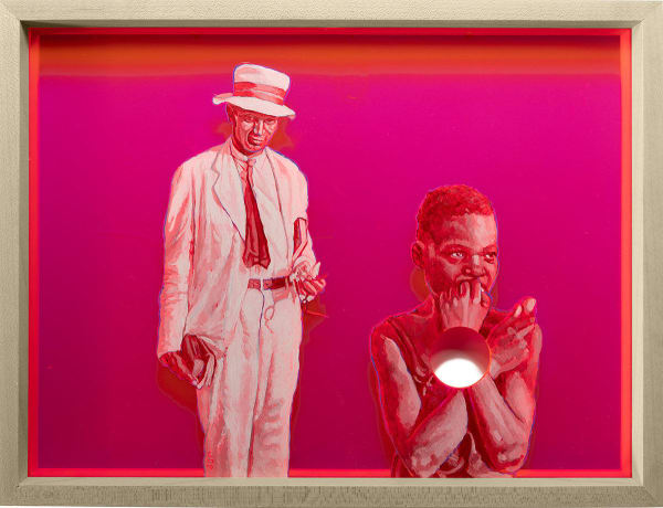 pink painting of a man standing and a boy in the foreground, legs beyond the frame of the painting