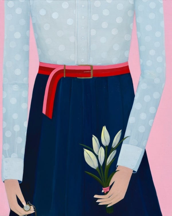 Painting by Angela Burson depicting a woman wearing a long dark blue skirt, pink and red striped belt, and a light blue polka dot blouse. In one hand she is holding a tiny pocket watch. In her other hand, she is holding a small bouquet of white tulips.