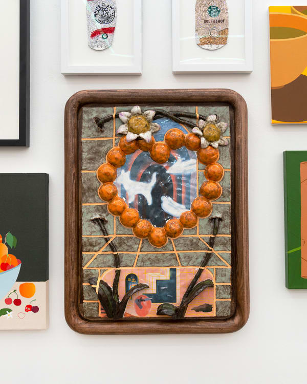 Gustav Hamilton "The fruit bowl at sugar island" multimedia piece of textured shapes in earth tones in a rounded brown frame